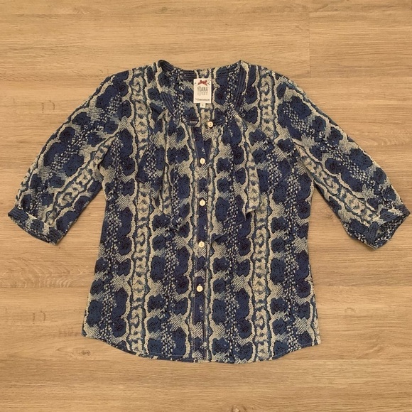 Yoana Baraschi Blue Snakeskin Print Button Up Blouse Ruffle Pleat Accent Sz S - Picture 1 of 7